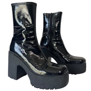 Jeffrey Campbell Refresh-L Black Patent Leather Boots Square Toe Y2K Size 8.5